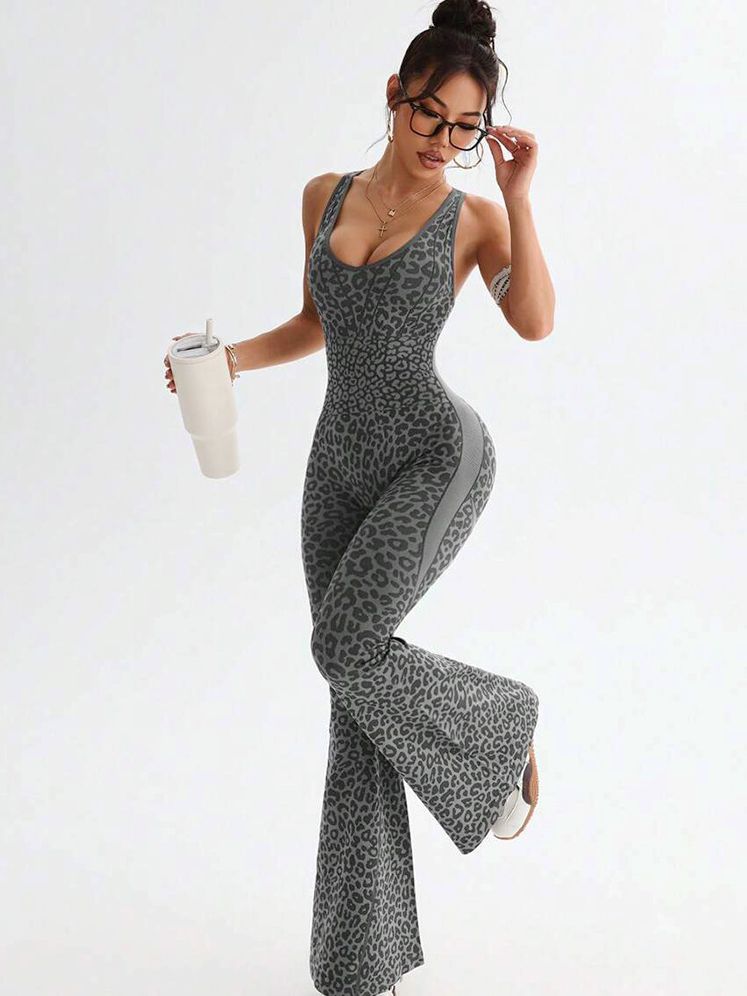 Damen Sexy Leopardenmuster Hollow Out Kreuz Rücken Tiefer V Rücken Jumpsuit
