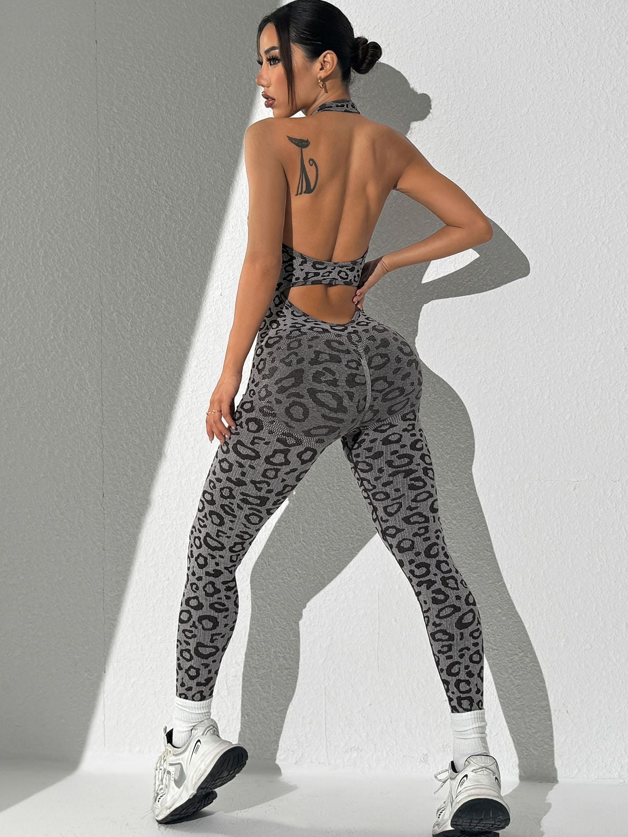 Damen Sexy Mode Leopardenmuster Hollow Out Rückenfreies Jumpsuit