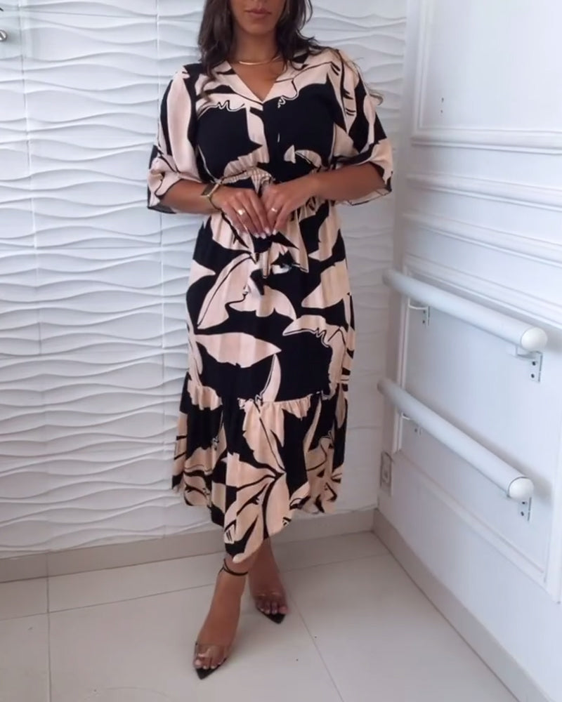 Elegantes V-Ausschnitt Kleid mit Dreiviertelärmeln und Kordelzug