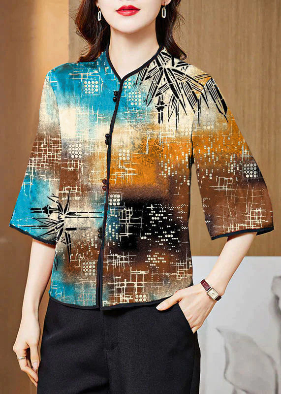 Vintage Rote Mandarin-Kragen Druck Seidenbluse Halbärmel