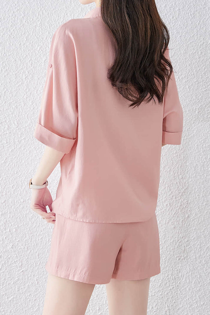 Knopfleiste Kurzarmhemd mit Taillenschnürung und plissierten Shorts Set