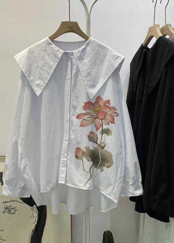 Bohemian Lila Pink Peter Pan Kragen Knopf asymmetrisches Design Herbst Langarm Oberteil