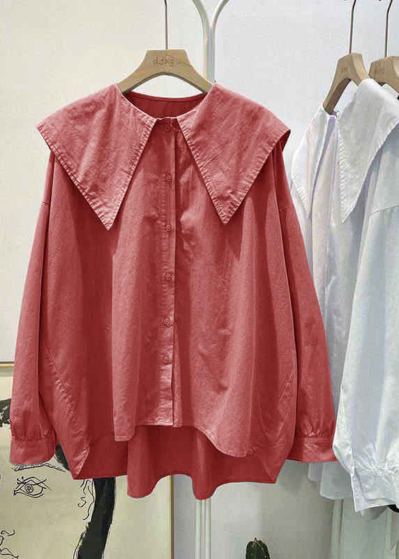 Bohemian Lila Pink Peter Pan Kragen Knopf asymmetrisches Design Herbst Langarm Oberteil