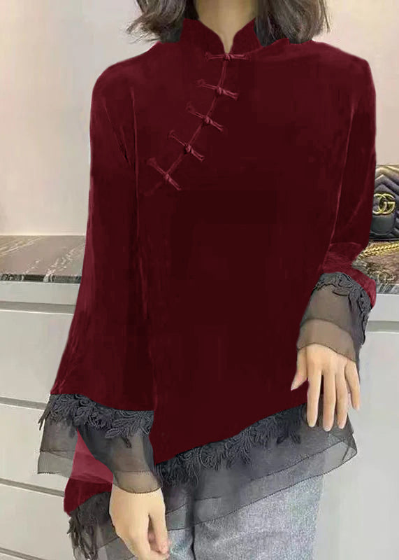 Vintage Schwarzes Stehkragen Asymmetrisches Patchwork Velours Hemd Herbst