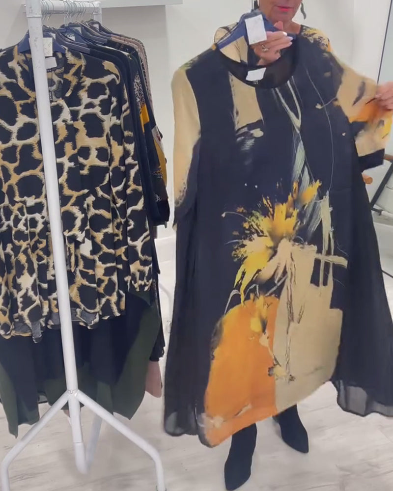 Kleid mit Rundhalsausschnitt und Retro-Druck