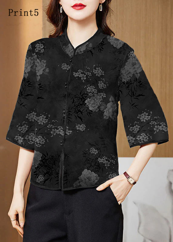 Vintage Rote Mandarin-Kragen Druck Seidenbluse Halbärmel