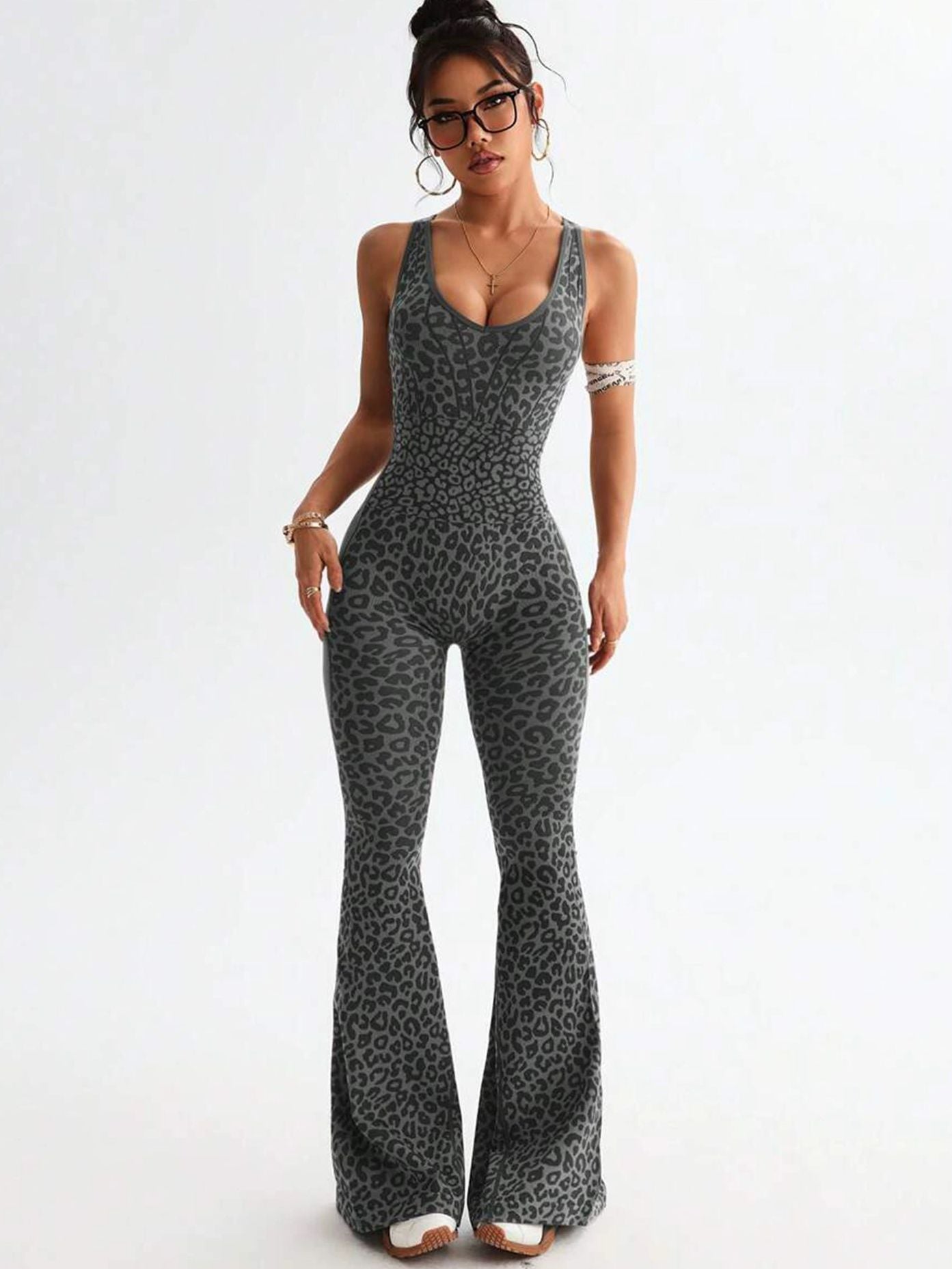 Damen Sexy Leopardenmuster Hollow Out Kreuz Rücken Tiefer V Rücken Jumpsuit
