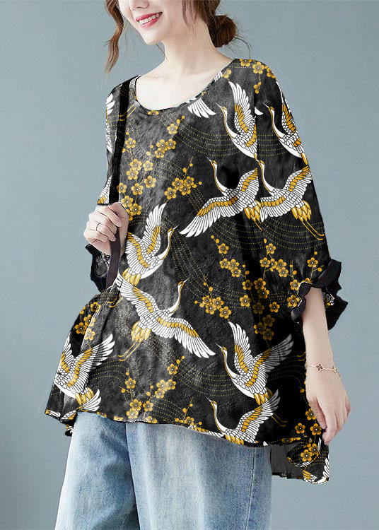 Lockeres blaues T-Shirt mit Punkten und Fledermausärmeln aus Baumwolle und Leinen