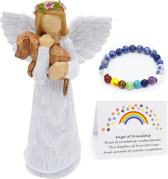 Hunde-Gedenkgeschenkset mit Engel der Freundschaft Figur und Regenbogenbrücke Chakra-Armband