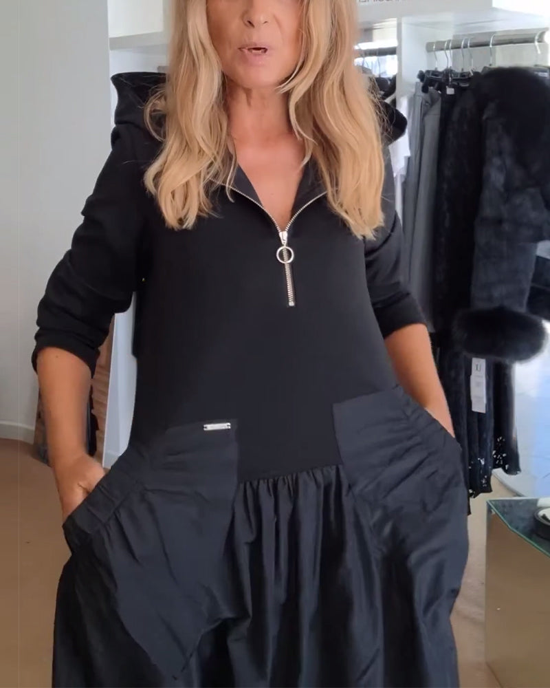 Lässiges Kapuzenkleid mit Reißverschluss und Patchwork-Taschen