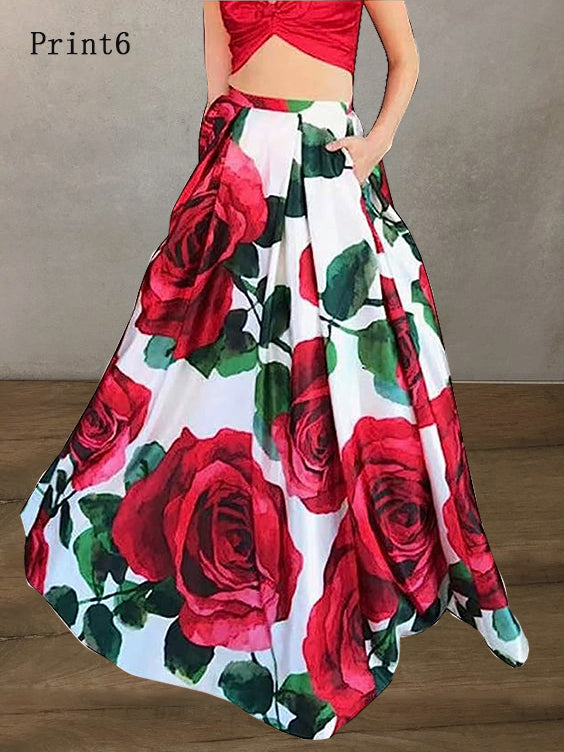 Bohemian Gelbe Hohe Taille Taschen Blumenmuster Baumwolle A-Linie Rock Sommer