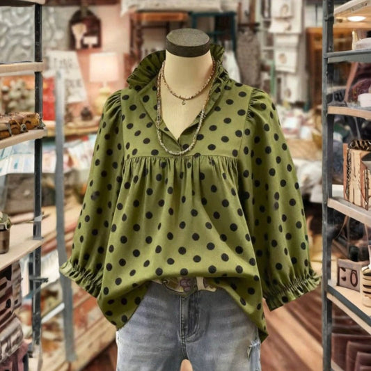 【Langarm】Vintage-Punktemuster Bluse