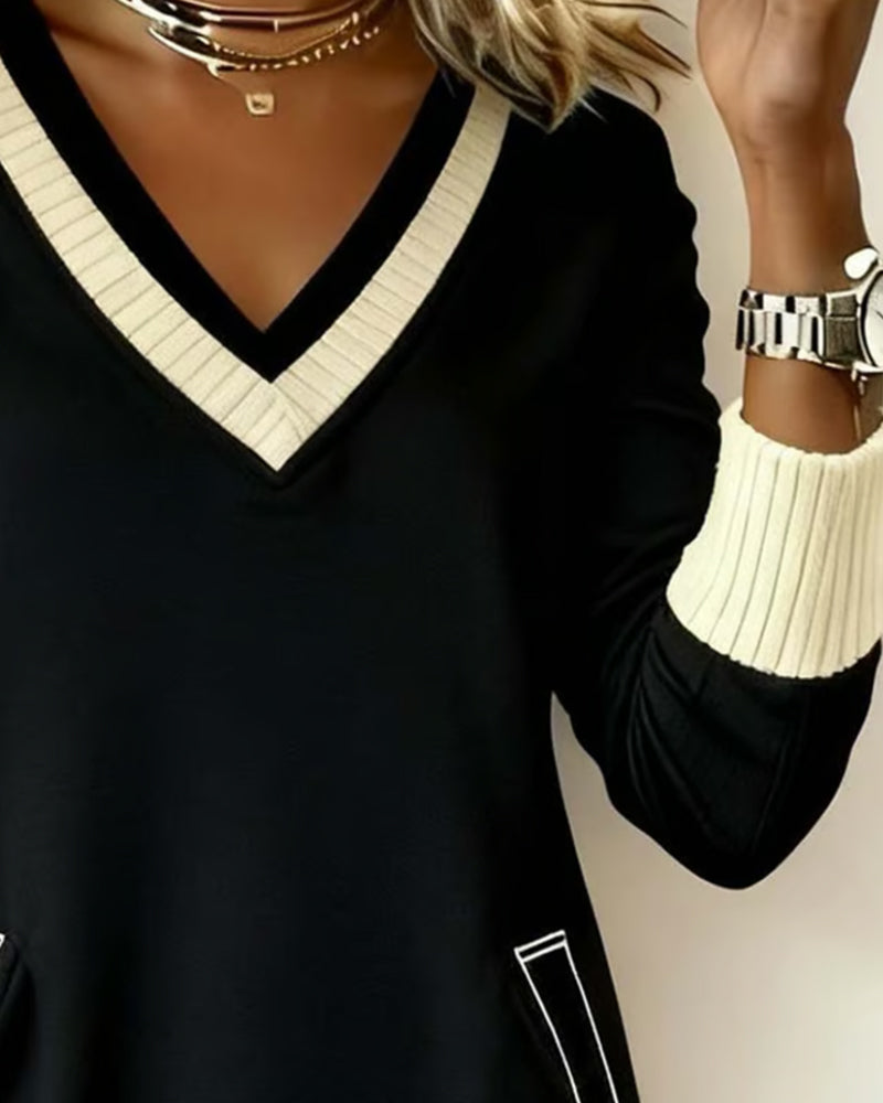 Langarmkleid mit V-Ausschnitt und Kontraststrick