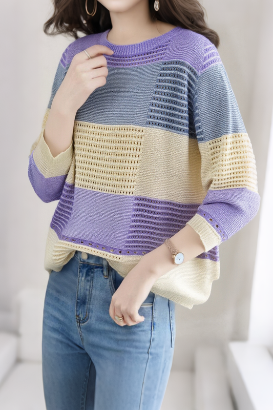 Farbblockiertes, lockeres, gestreiftes, ausgeschnittenes Langarm-Stricktop