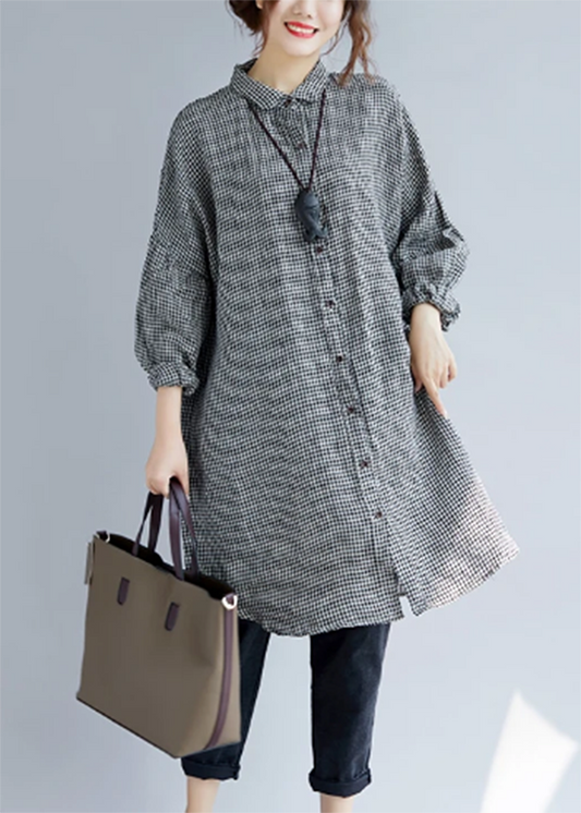 stylisches schwarzes Karo gemütliches Baumwoll-T-Shirt Oversize mit umschlagbarem Kragen Baumwollblusen feine Langarmoberteile