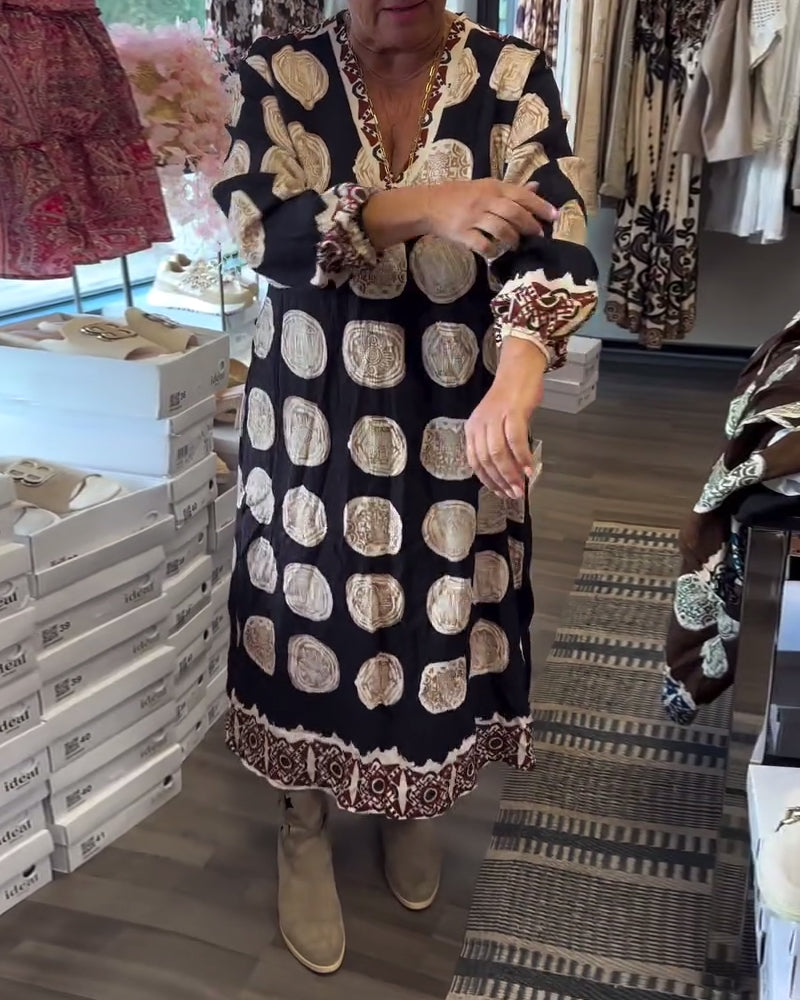 Langarm V-Ausschnitt Kleid mit Druck