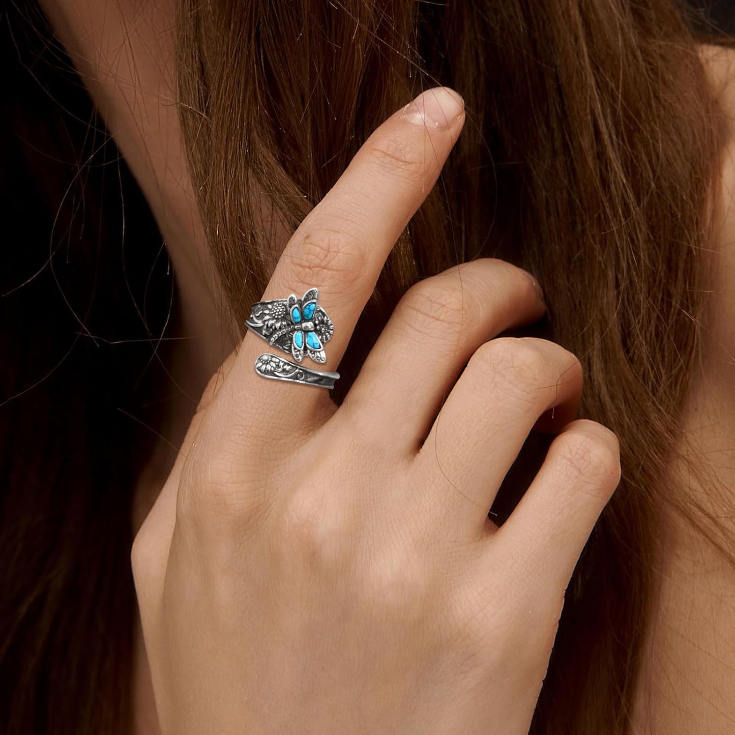 Sterling Silber Türkis Löffelring – Vintage Boho Wickelring mit Libelle
