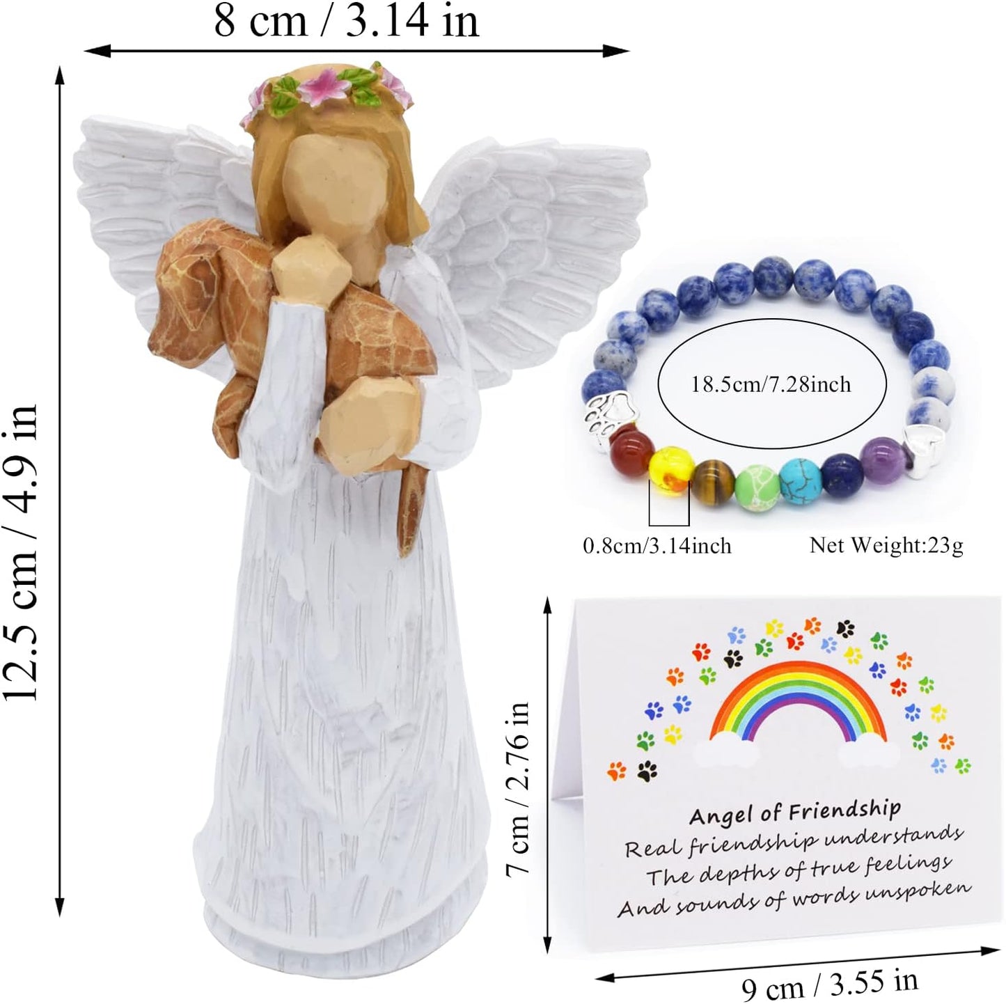 Hunde-Gedenkgeschenkset mit Engel der Freundschaft Figur und Regenbogenbrücke Chakra-Armband