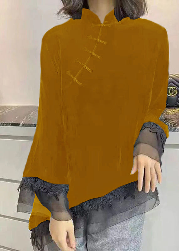 Vintage Schwarzes Stehkragen Asymmetrisches Patchwork Velours Hemd Herbst