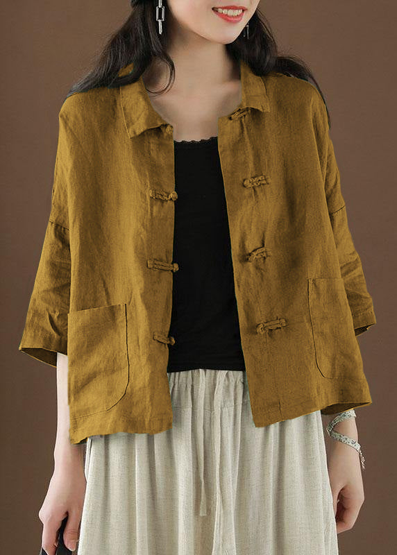 Schöner grüner Peter-Pan-Kragen mit Taschen Sommer Leinen Oberteil