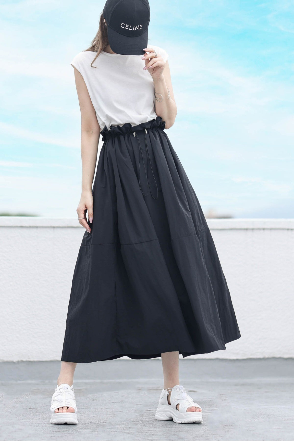 Rundhals-Drawstring-Docking-Maxikleid mit Futter