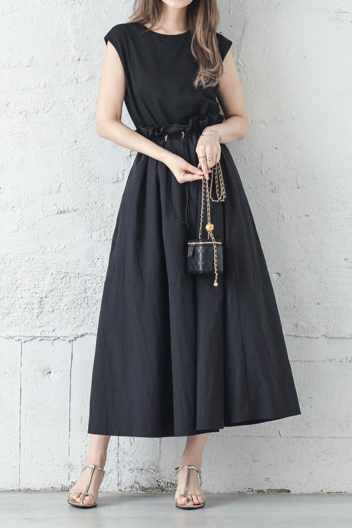 Rundhals-Drawstring-Docking-Maxikleid mit Futter