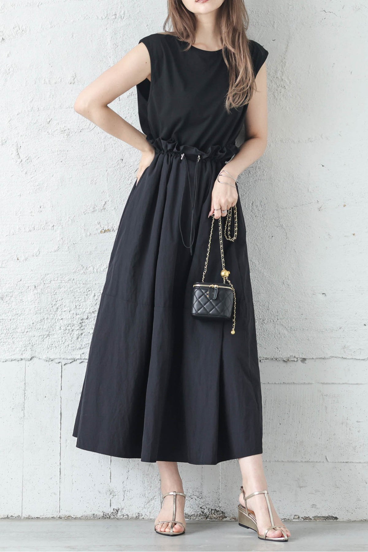 Rundhals-Drawstring-Docking-Maxikleid mit Futter