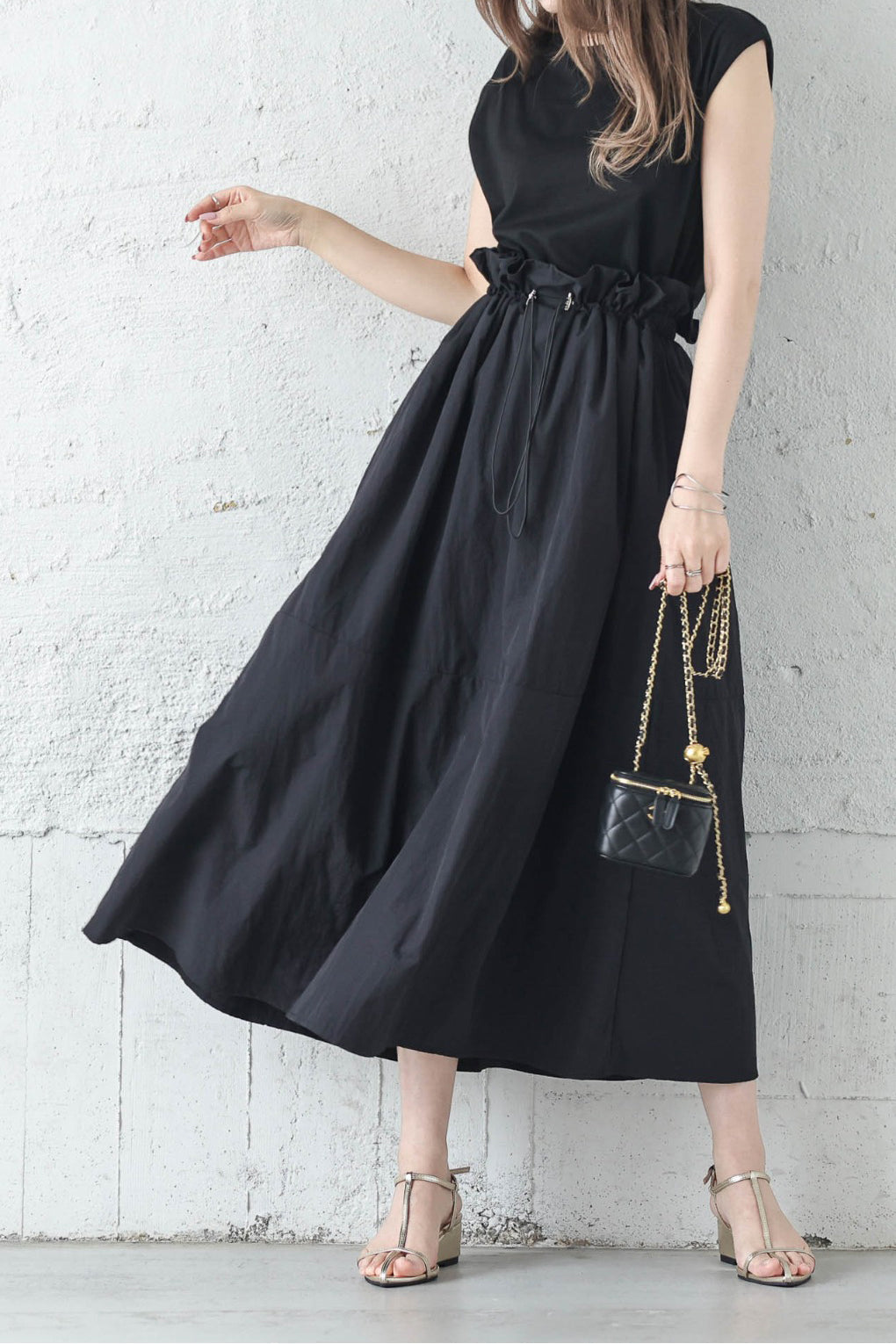 Rundhals-Drawstring-Docking-Maxikleid mit Futter