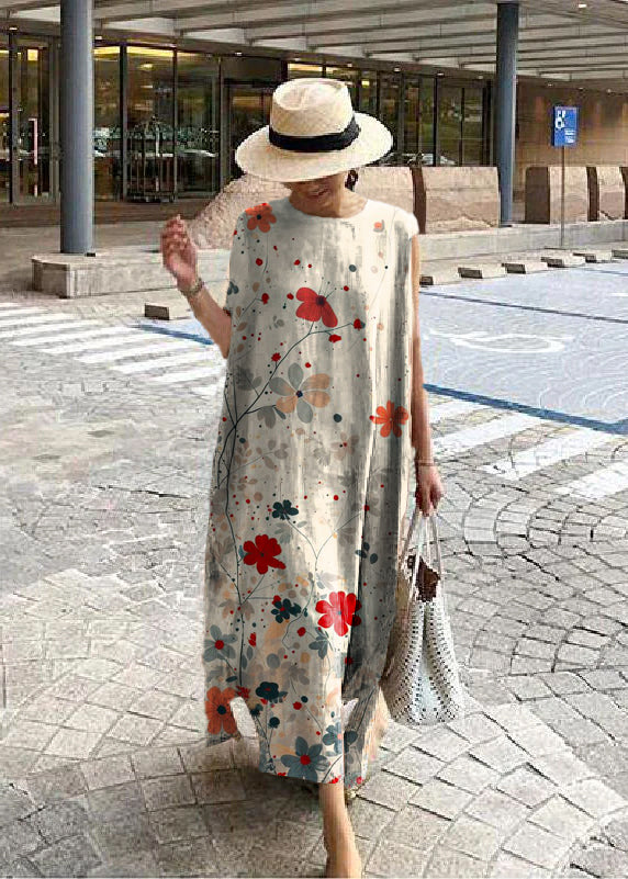 Bohemian O-Hals Seitlich Offenes Leinen Baumwollkleid Khaki