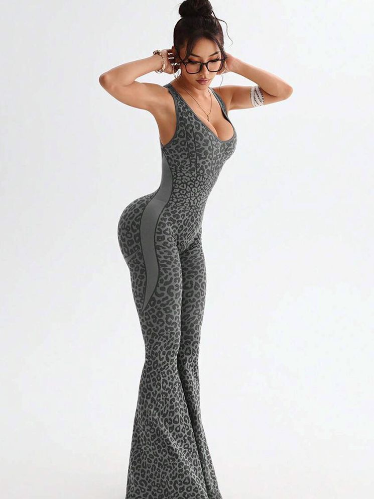 Damen Sexy Leopardenmuster Hollow Out Kreuz Rücken Tiefer V Rücken Jumpsuit