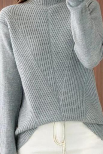 Halb-Hochkragen Diagonal Geripptes Stricktop