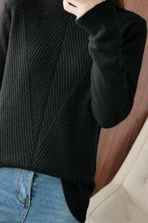 Halb-Hochkragen Diagonal Geripptes Stricktop