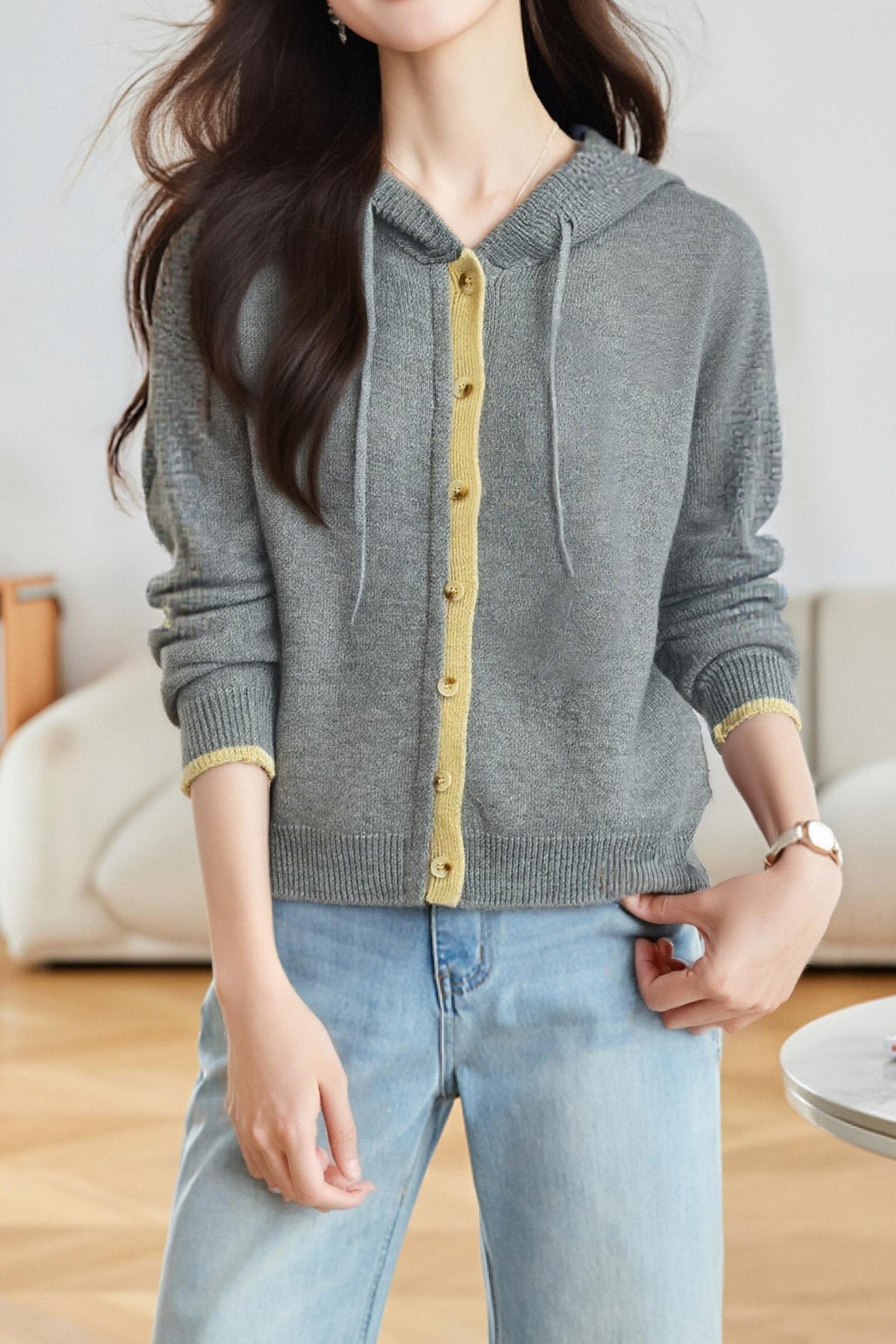 Lässiger vielseitiger Farbblock gestrickter Kapuzencardigan