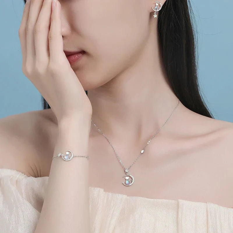 925 Sterling Silber Mond & Stern Katzenohrringe mit Zirkon