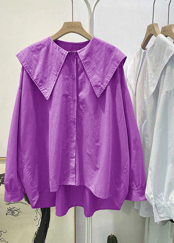 Bohemian Lila Pink Peter Pan Kragen Knopf asymmetrisches Design Herbst Langarm Oberteil