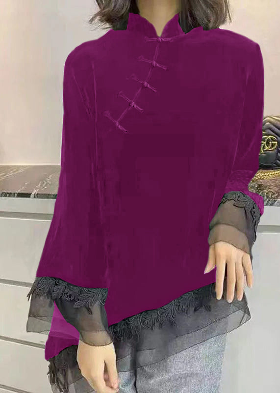 Vintage Schwarzes Stehkragen Asymmetrisches Patchwork Velours Hemd Herbst