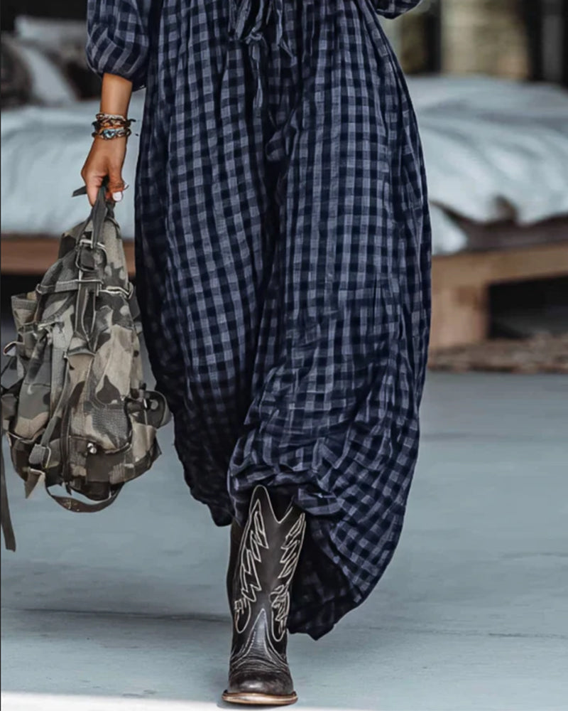 Trendige Karierte Umlegekragenkleid mit Bindeband