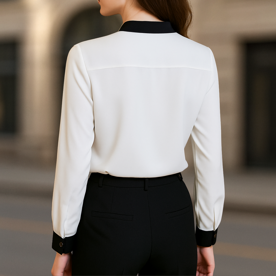 Alice Luxe Weiße V-Ausschnitt Damenbluse Mit Schwarzen Akzenten