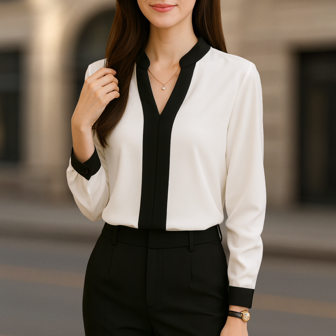 Alice Luxe Weiße V-Ausschnitt Damenbluse Mit Schwarzen Akzenten