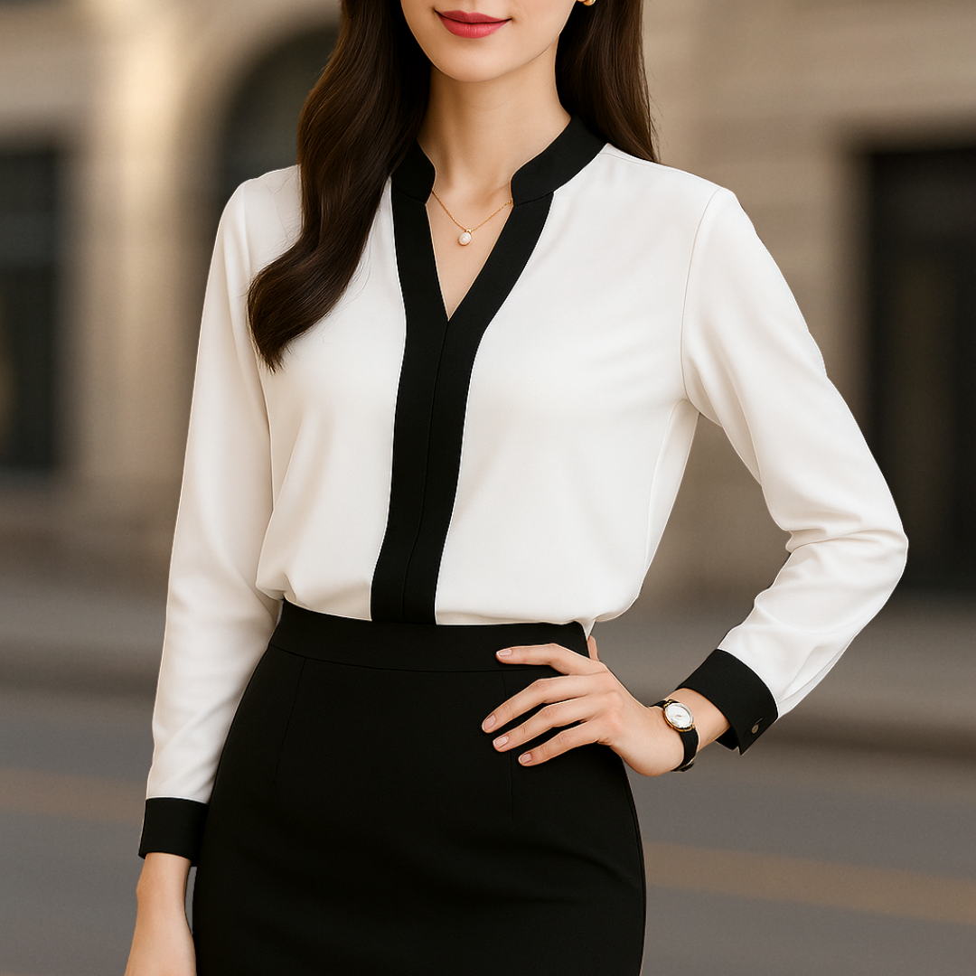 Alice Luxe Weiße V-Ausschnitt Damenbluse Mit Schwarzen Akzenten