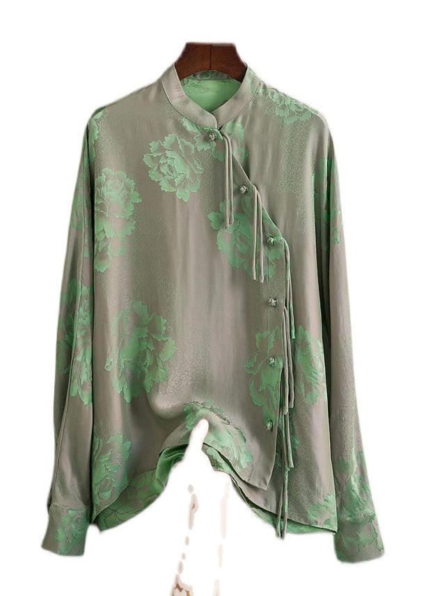 Schöne grüne Mandarin-Kragen Button-Print Seidenbluse Top Frühling