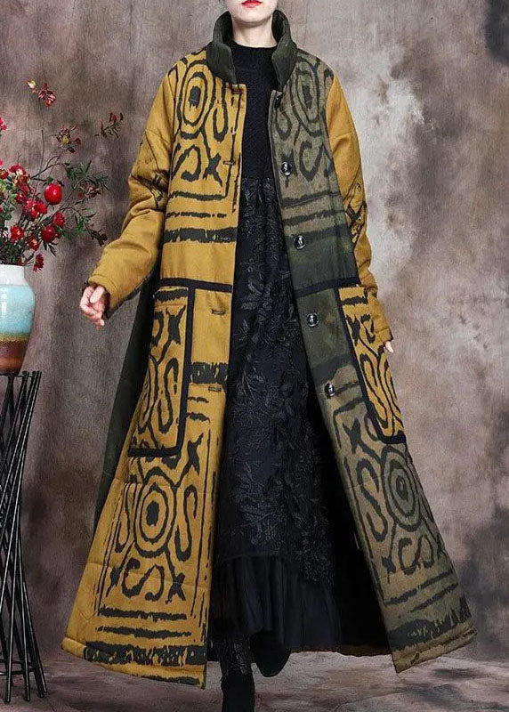 Schöner gelber Stehkragen-Button-Winter-Cotton-Parka mit langen Ärmeln