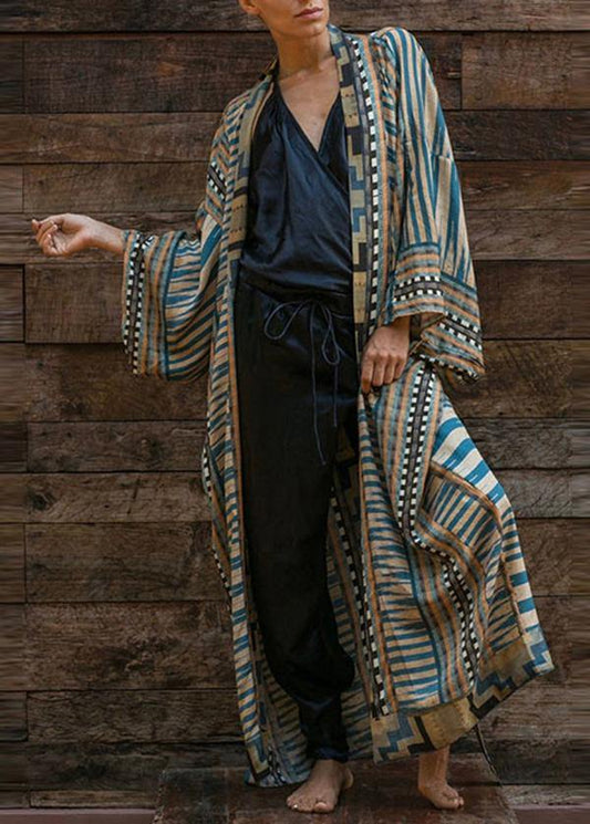 Bohemian Blau Geometrischer Druck Langarm Kimono-Robe Mid Summer Baumwolle