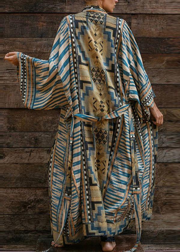 Bohemian Blau Geometrischer Druck Langarm Kimono-Robe Mid Summer Baumwolle
