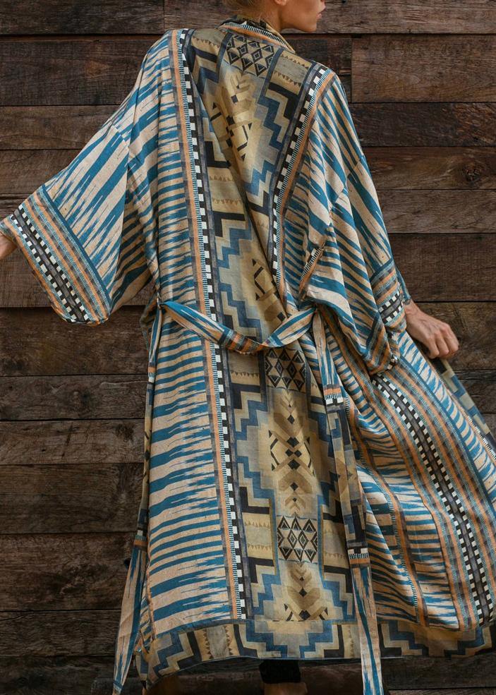 Bohemian Blau Geometrischer Druck Langarm Kimono-Robe Mid Summer Baumwolle
