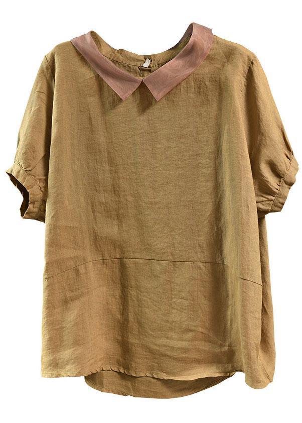 Bohemian Khaki Patchwork Umlegekragen Sommer Kurzarm Top
