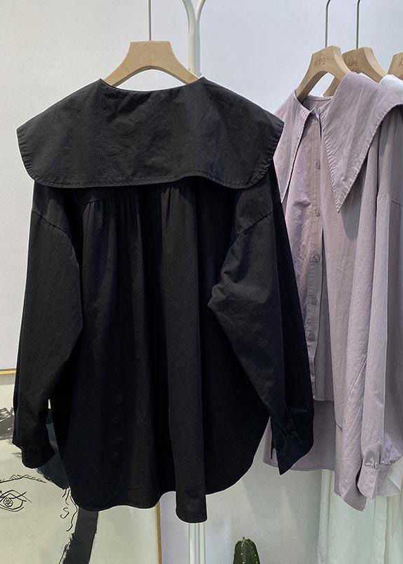 Bohemian Lila Pink Peter Pan Kragen Knopf asymmetrisches Design Herbst Langarm Oberteil