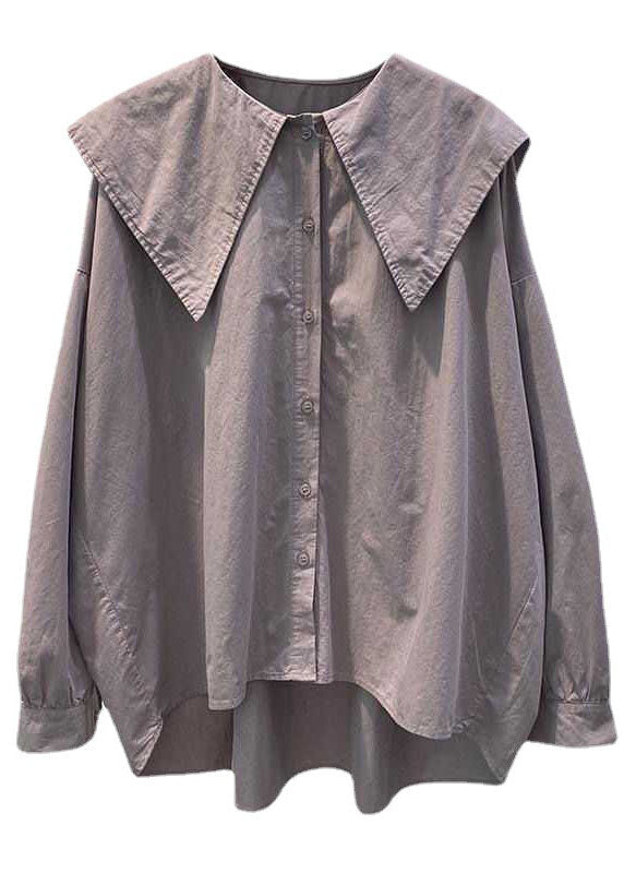 Bohemian Lila Pink Peter Pan Kragen Knopf asymmetrisches Design Herbst Langarm Oberteil