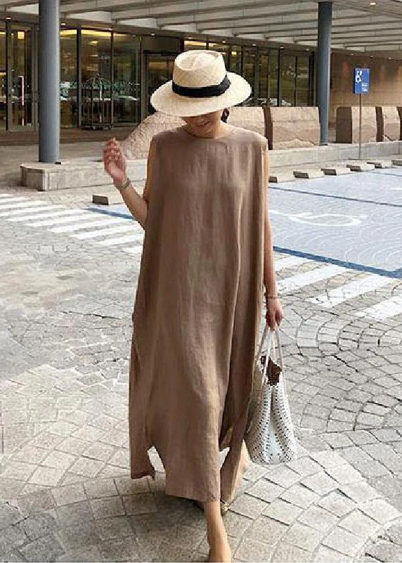 Bohemian O-Hals Seitlich Offenes Leinen Baumwollkleid Khaki