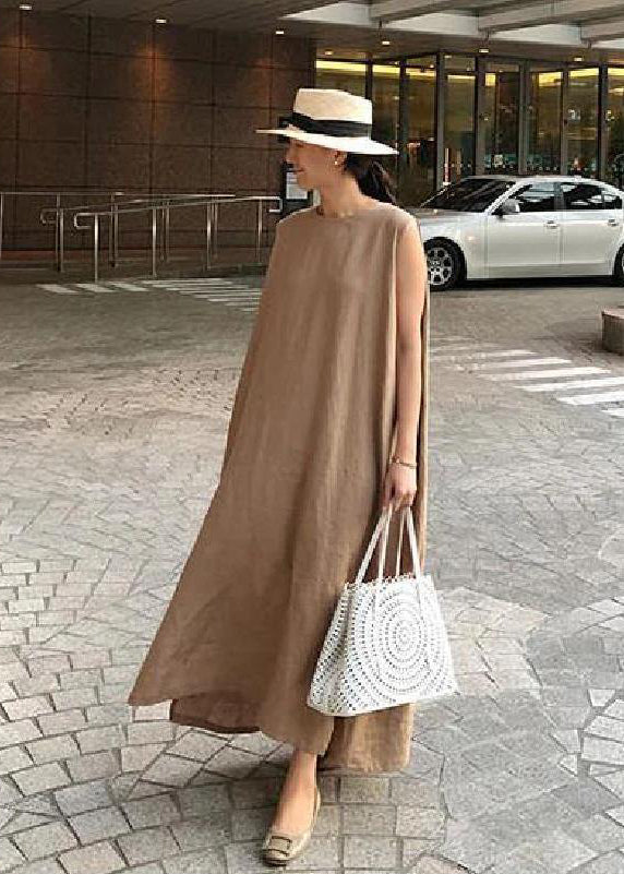 Bohemian O-Hals Seitlich Offenes Leinen Baumwollkleid Khaki